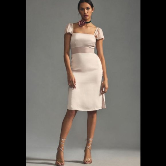 Brand New By Anthropologie Flutter-Sleeve Satin Sheath Dress - Picture 1 of 10